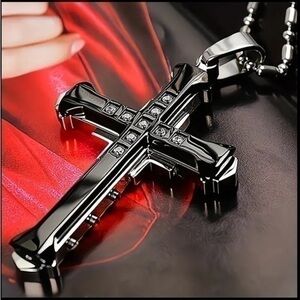 Black Titanium Steel Diamond Cross Necklace